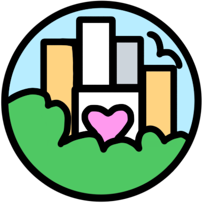 A circle containing a shiny city of highrises behind green plants, with a light blue sky background with a bird in it. one of the buildings has a pink heard on it.